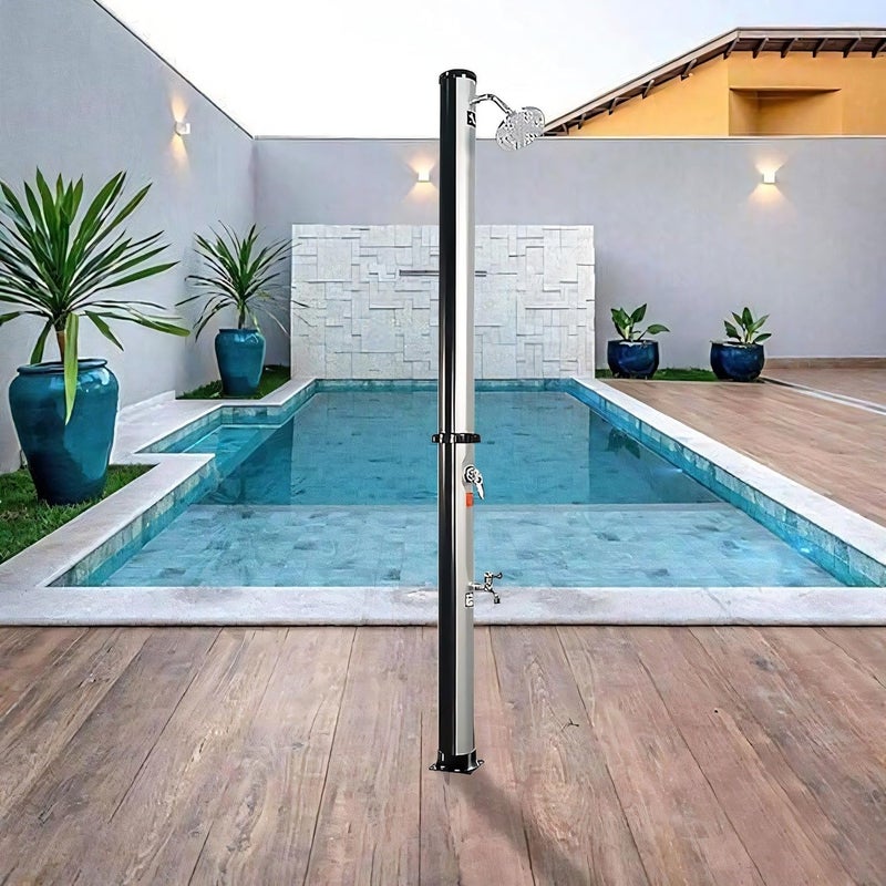 Timoau 7.2Ft Outdoor Solar Heated Shower, 9.3 Gal Pool Shower w/Handheld Shower Head & Foot Tap Spigot, Ideal for Poolside Backyard Beach Pool Spa, Silver - Image 1